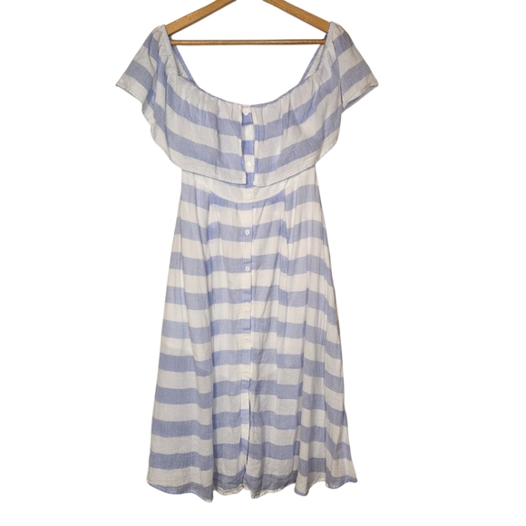 Lulus Transatlantic Voyage Blue and Ivory Striped Midi Dress Off The‎ Shoulder L - Picture 5 of 16